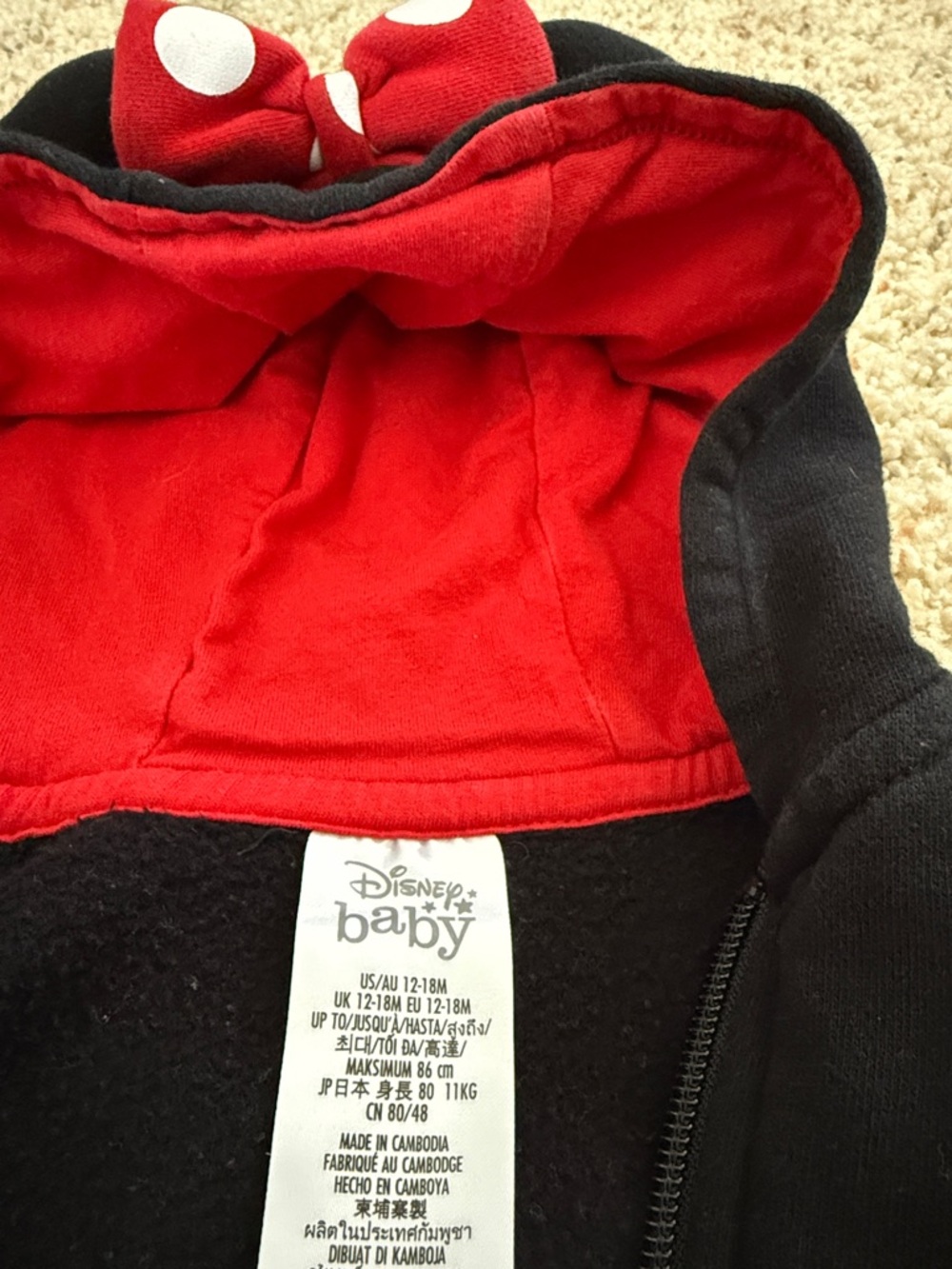 Authentic Disney Minnie Hoodie with Ears and Bow 12-18 month - Picture 2 of 3